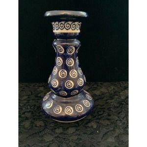 Polish Pottery Candle Stick Holder Momo Panach 6.5" Tall Blue with Creme Swirls